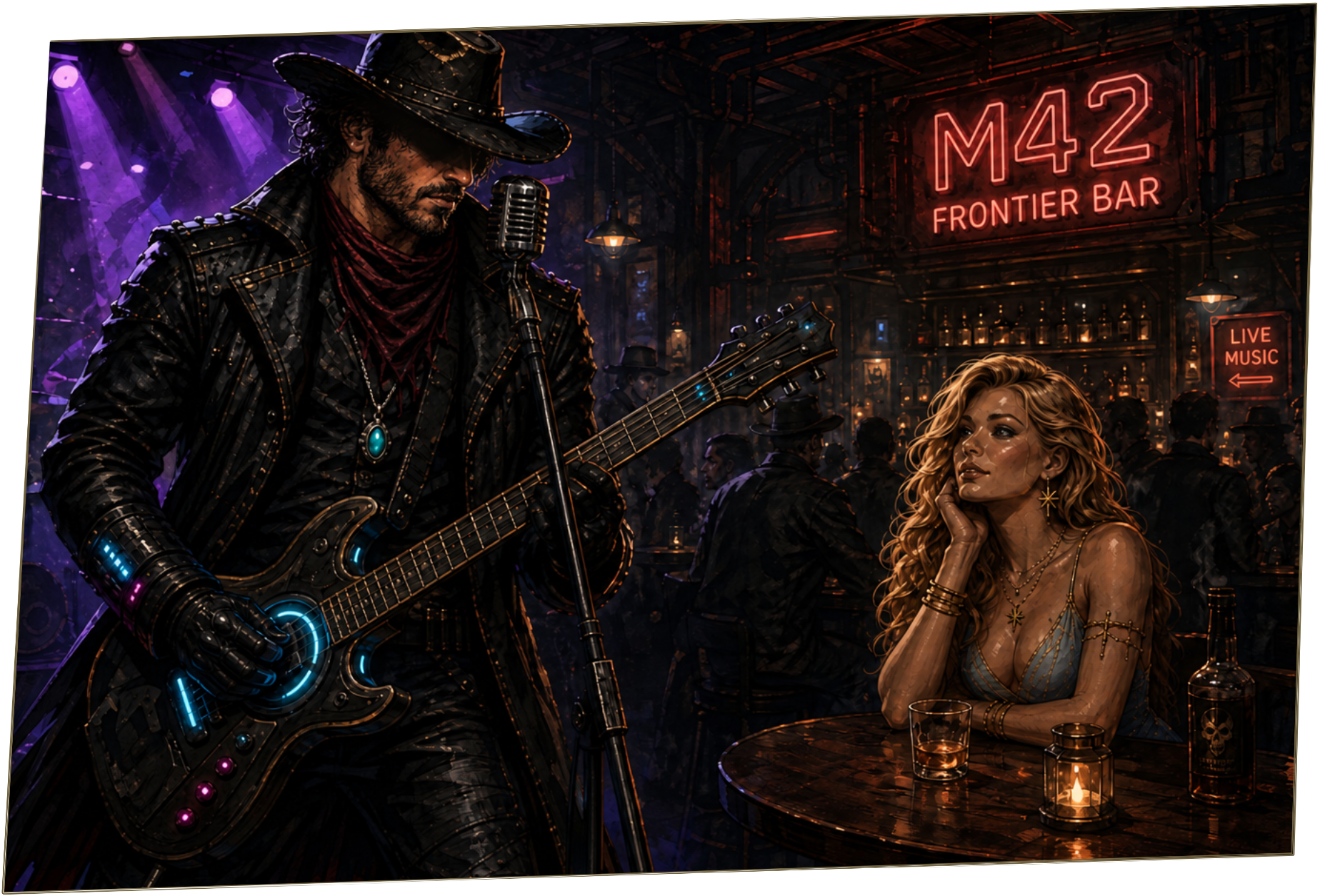 Orion plays guitar at the M42 while Astra watches him from a table beside the stage.