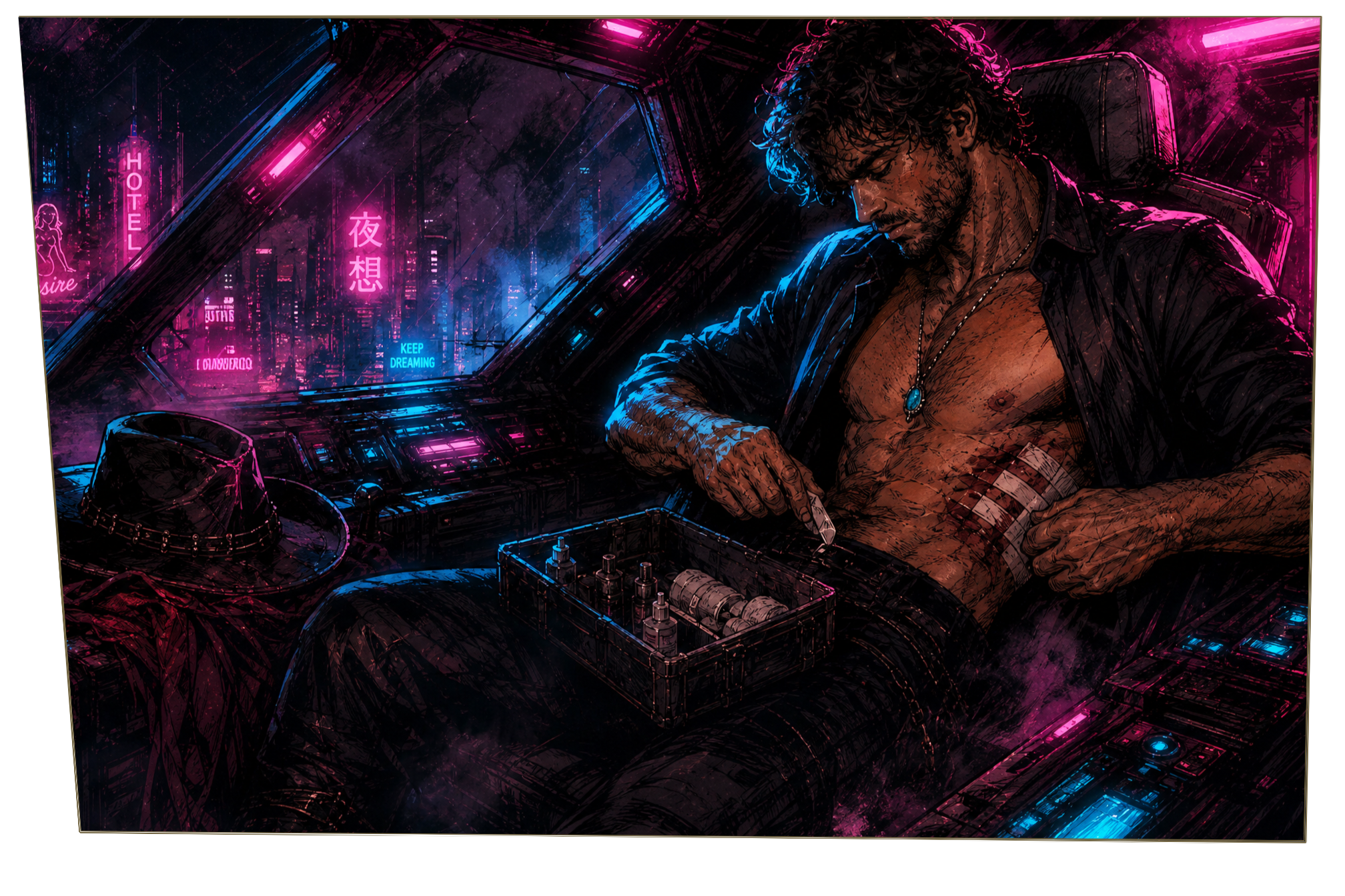 A wounded Orion bandages his ribs in the neon-lit cockpit of his ship.